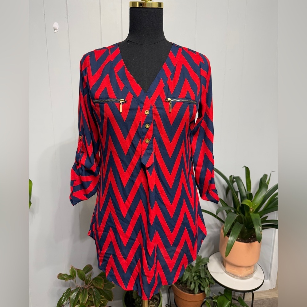 #15)  Wishful Park Red and Navy Chevron V-Neck Blouse